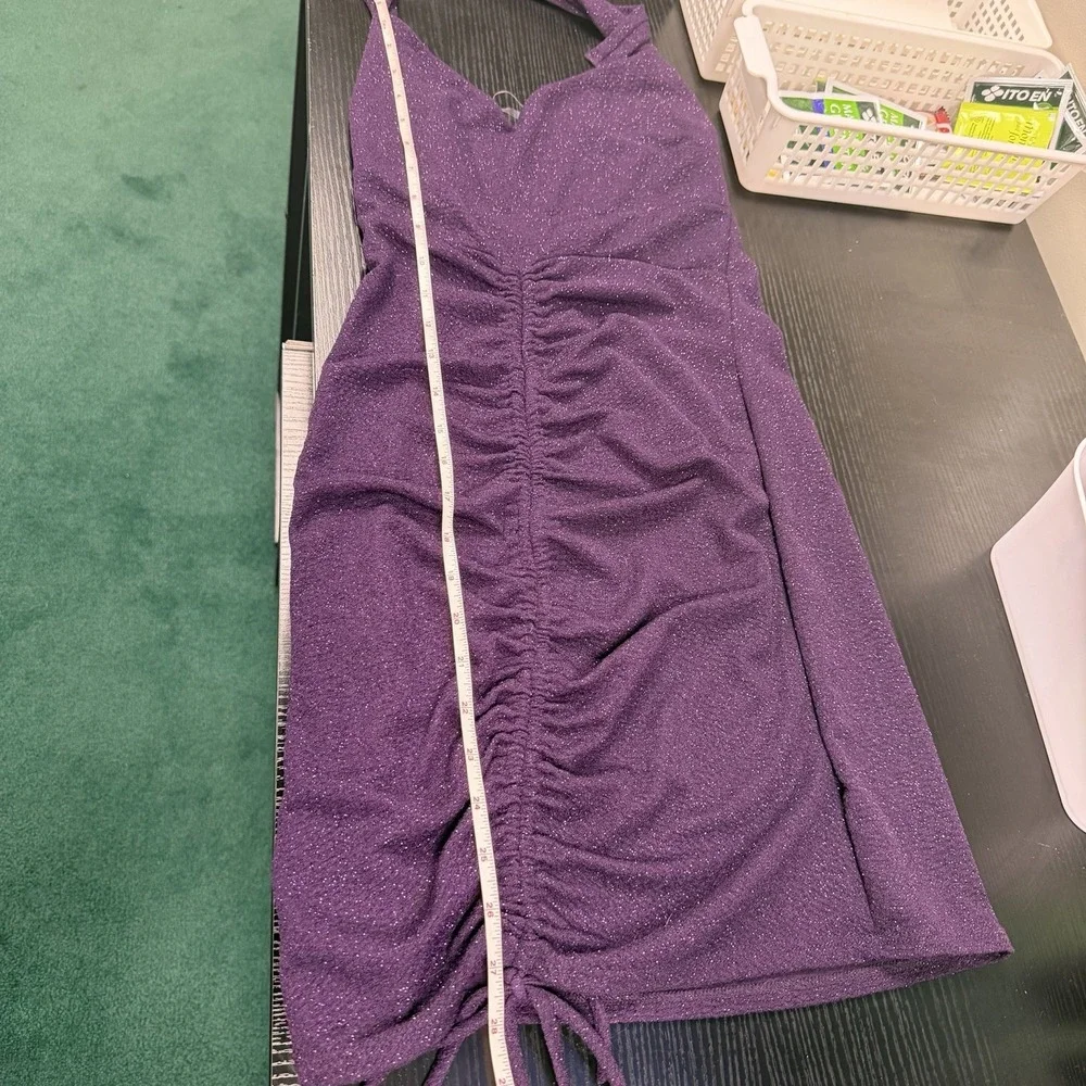 Jacaranda Purple Sparkle Large Mini Halter Bodycon Ruched Cocktail Club Dress - Picture 8 of 9